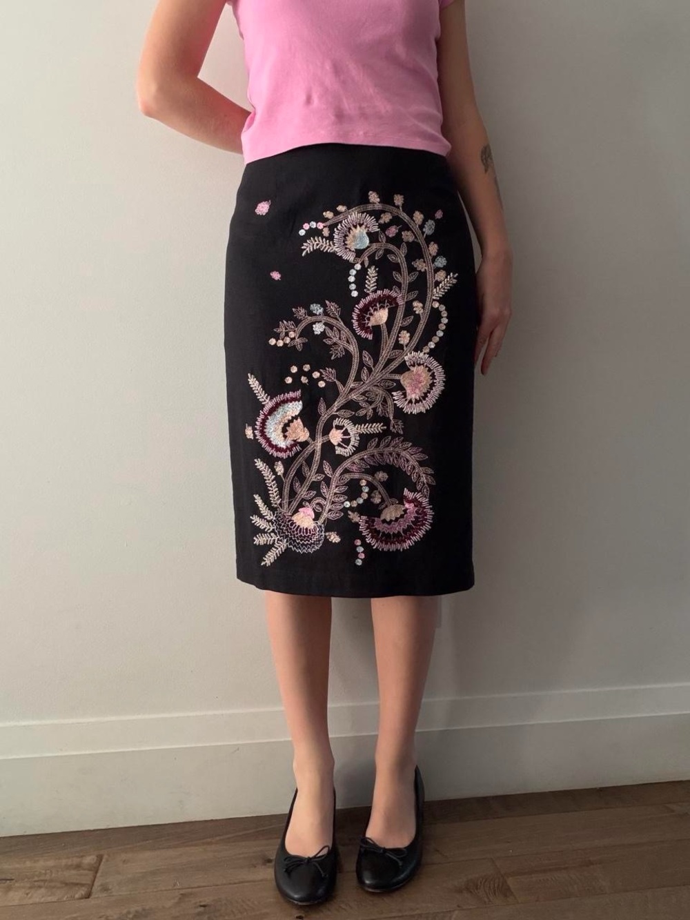 linen blend beaded embroidered midi skirt vintage 2000s